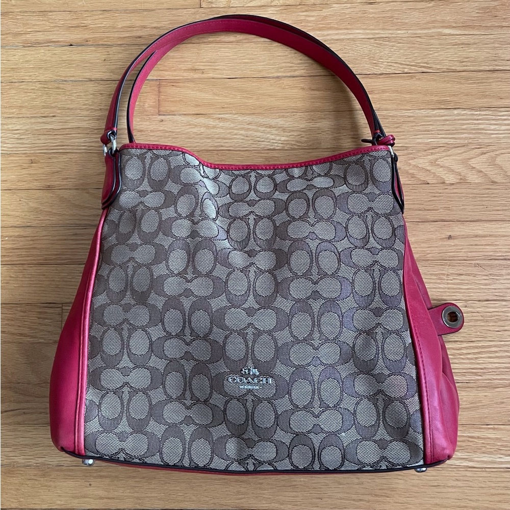 Coach Shoulder Bag. Canvas & Red Leather.